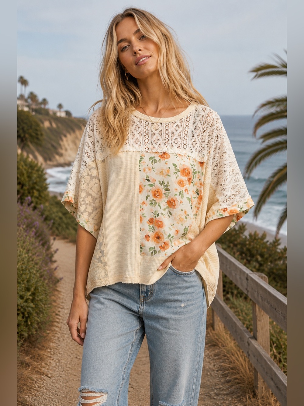 POL “ Apricot Meadow “ Floral and Lace Top | Cream